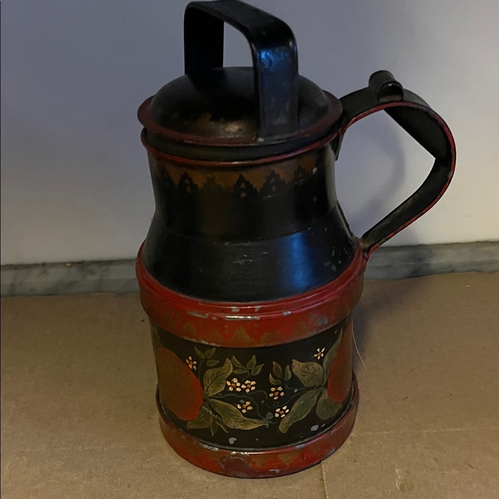Vintage Black and Red Metal Jug with Floral Design